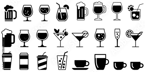 Collection of beverage and drink icons including beer mug, wine glasses, cocktails, soda cans, coffee cups and takeaway drinks