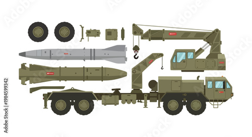 Military missile vehicle with a crane arm and separate parts displayed on a white isolated background