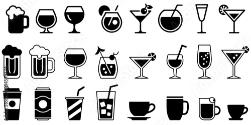 Collection of beverage and drink icons including beer mug, wine glasses, cocktails, soda cans, coffee cups and takeaway drinks
