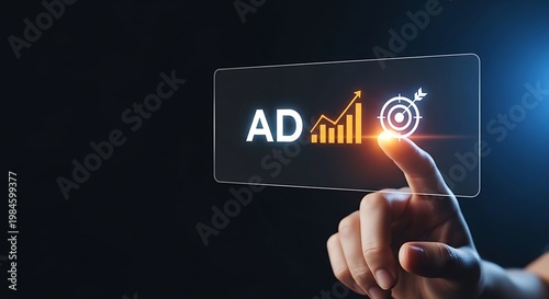 Digital advertising concept a hand interacting with a glowing screen displaying ad metrics
