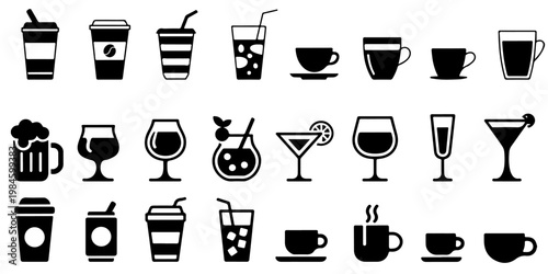 Collection of beverage and drink icons including beer mug, wine glasses, cocktails, soda cans, coffee cups and takeaway drinks