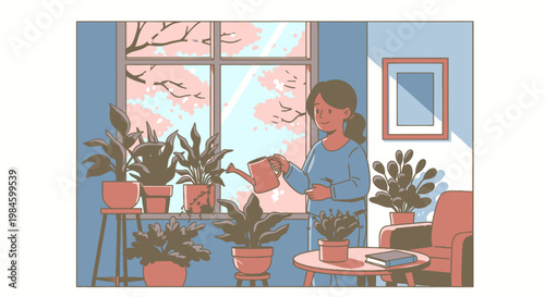 Woman watering plants in a cozy living room with a sunny window.