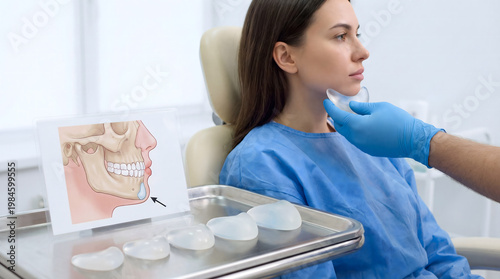 Woman considering chin implant surgery for aesthetic enhancement