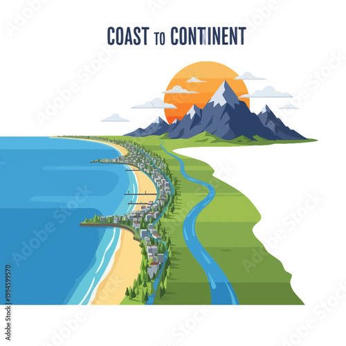 Coast to Continent Landscape: Ocean, Beach Town, River, Mountains, Sunrise