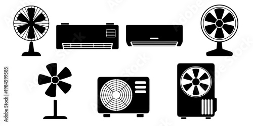 Collection of air conditioner units and electric fan silhouettes including wall mounted cooling systems and ventilation appliances