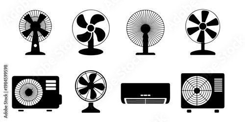 Collection of air conditioner units and electric fan silhouettes including wall mounted cooling systems and ventilation appliances