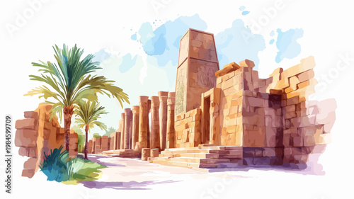 Karnak Temple. Karnak Temple hand drawn watercolor illustration on white background