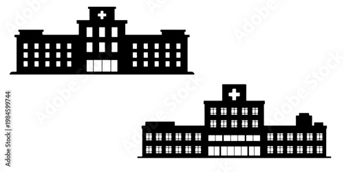 Hospital building silhouettes with medical cross symbols including healthcare facilities and clinics