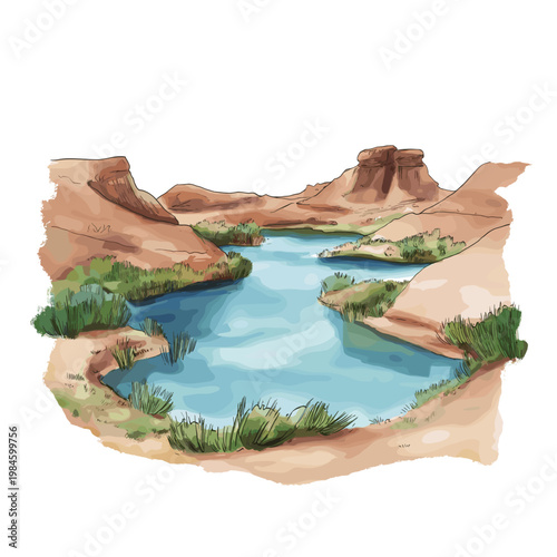 Lakes of Ounianga. Lakes of Ounianga hand drawn watercolor illustration on white background