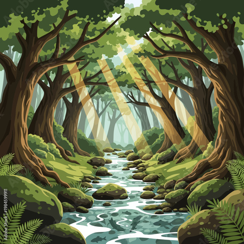Enchanted forest stream with sunbeams, mossy rocks, and lush green trees.