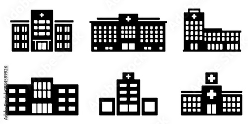 Hospital building silhouettes with medical cross symbols including healthcare facilities and clinics