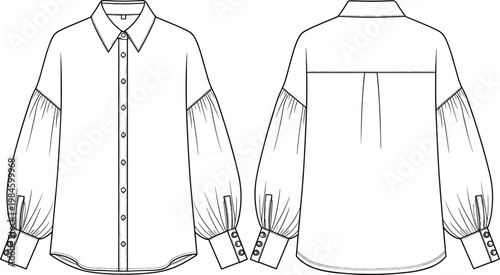 Technical Fashion Flat Sketch of Women Oversized Shirt with Puff Lantern Sleeves Front and Back View Vector Illustration for Apparel Design and Manufacturing Template