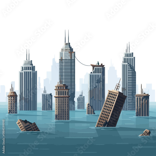 Flooded Cityscape with Skyscrapers and Tiny Boat - Post Apocalypse Scene
