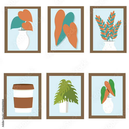 Set vector Modern Wall Art Frames Collection with Abstract Plants and Minimalist Home Decor
