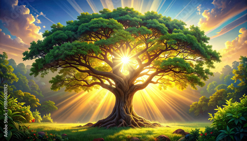 Hero canopy tree centered around brilliant halo and open meadow. Balanced crown silhouette shining across peaceful green horizon. Radiant landscape concept for corporate sustainability branding