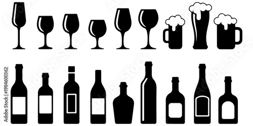 Set of wine glasses and bottles silhouettes including different shapes for red wine, white wine and beer mugs