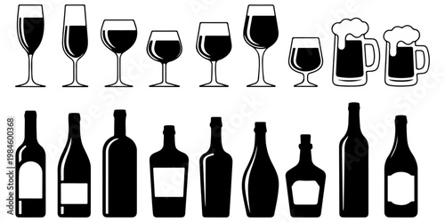 Set of wine glasses and bottles silhouettes including different shapes for red wine, white wine and beer mugs