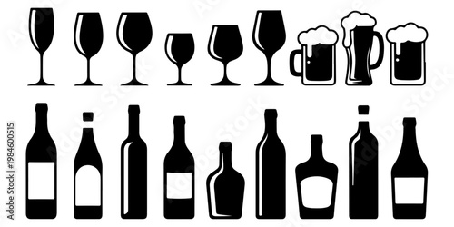 Set of wine glasses and bottles silhouettes including different shapes for red wine, white wine and beer mugs