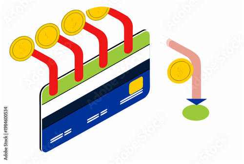 Credit card draining money isometric view. Hidden subscription and digital costs concept. Personal finance management. Vector illustration