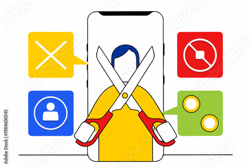 A person on a smartphone with scissors cutting through a subscription or digital cost. Financial behavior concept. Vector illustration for banner