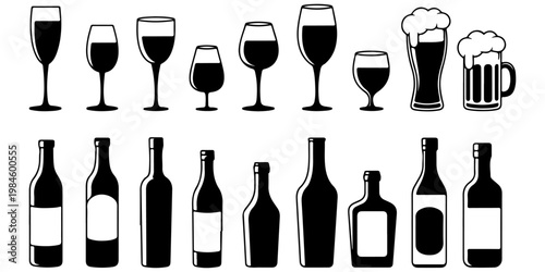 Set of wine glasses and bottles silhouettes including different shapes for red wine, white wine and beer mugs
