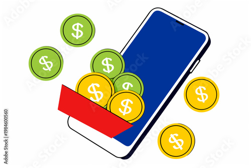 Smartphone with red down arrow and dollar coins. Concept of financial loss, hidden subscription, money outflow. Vector illustration for business website, presentation