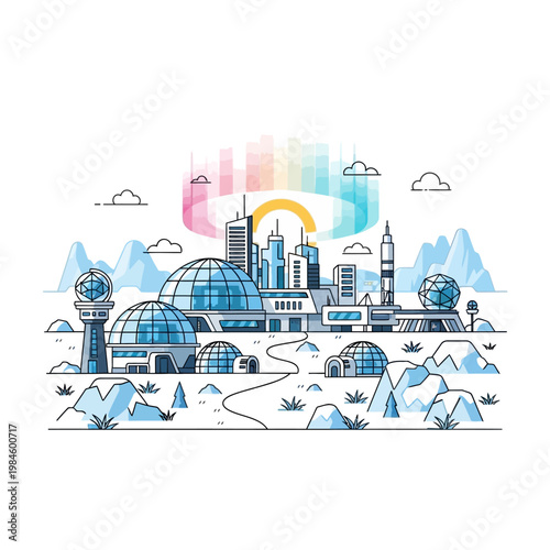 Futuristic Cityscape with Domes and Aurora Borealis - Vector Illustration