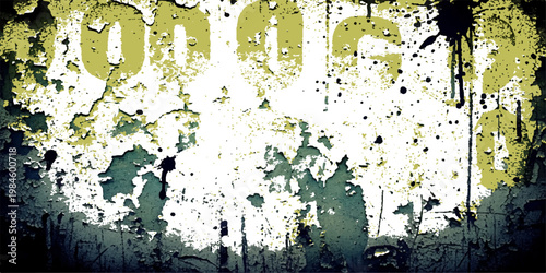 An abstract green grunge background featuring an artistic ink splash texture with watercolor splatter and liquid paint spray elements in a vector illustration pattern