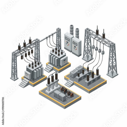 Isometric electrical substation components power grid infrastructure and energy distribution.