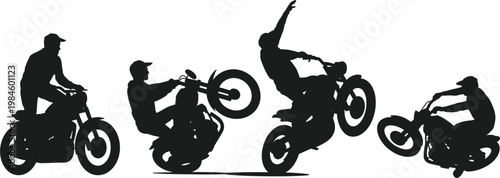 Motorcycle stunt riders silhouettes, extreme biking action poses for sport and adrenaline illustration