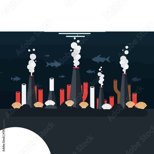 Industrial pollution underwater seascape with smoking chimneys and marine life