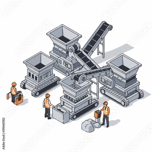 Isometric illustration of a rock crushing and sorting plant with workers.