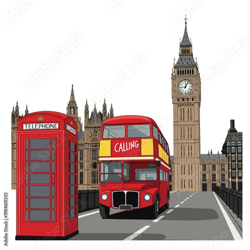 Iconic London Scene: Red Double Decker Bus and Telephone Box with Big Ben