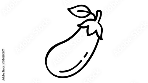 Minimalist eggplant vector icon illustration. Simple black line art of a fresh aubergine vegetable with a leaf, perfect for food menus, grocery apps, healthy cooking, and organic farm designs.