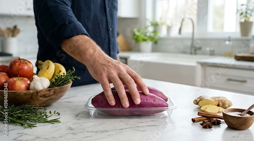 Pria mempersiapkan bahan makanan di dapur dengan menaruh ubi ungu segar di atas piring kaca, di lingkungan dapur modern dengan pencahayaan alami yang cerah