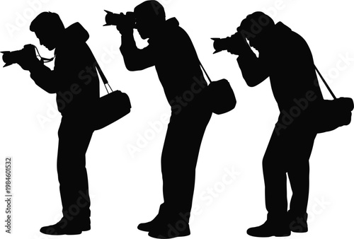 Photographer silhouettes taking pictures, professional camera operators capturing moments for media illustration