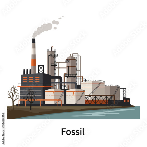 Industrial Factory Plant with Smokestack Emitting Smoke, Fossil Fuel Energy Production