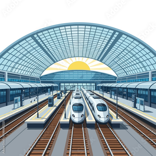 Modern Train Station with High-Speed Trains Under Glass Archway at Sunrise