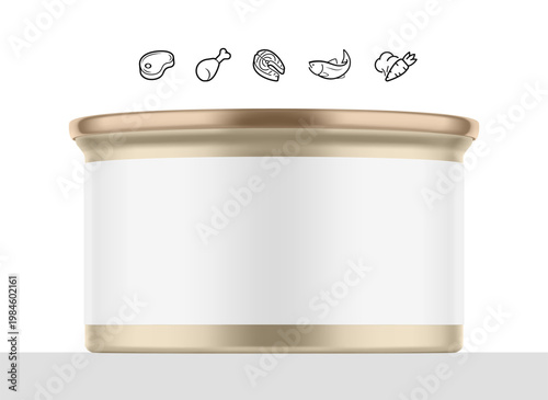 Hight realistic can mockup with set icons for preserved food, pet food. Vector illustration isolated on white background. Easy to use for presentation your product, idea, design. EPS10.