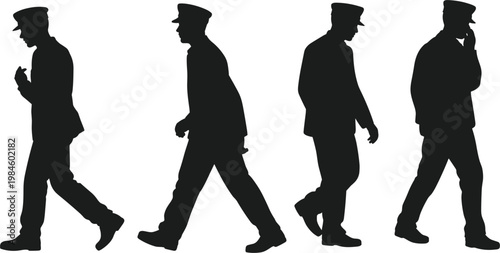 Police officer silhouettes walking, law enforcement personnel poses for security and duty illustration