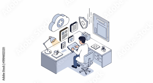 Medical Professional Working with Digital Health Records and Cloud Computing Isometric Illustration for Telemedicine and Healthcare Technology