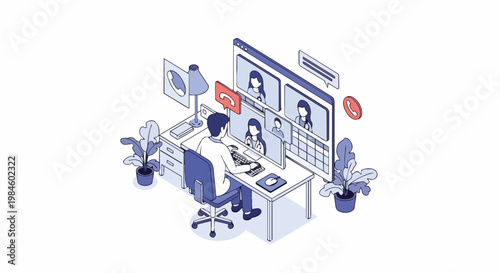 Isometric Telemedicine Concept: Online Medical Consultation with Doctors via Video Conference Illustration