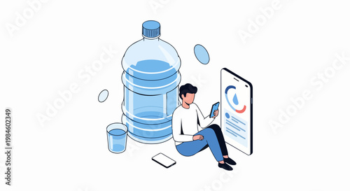 Isometric Illustration of a Man Using a Mobile App to Track Daily Water Intake and Hydration Levels