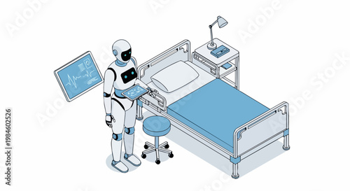 AI Robot Medical Assistant in Modern Hospital Room Isometric Illustration, Future Healthcare Technology, Nursing Automation and Digital Patient Care Concept