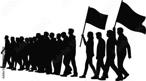 Protest crowd silhouettes with flags, demonstration march for social movement and activism illustration