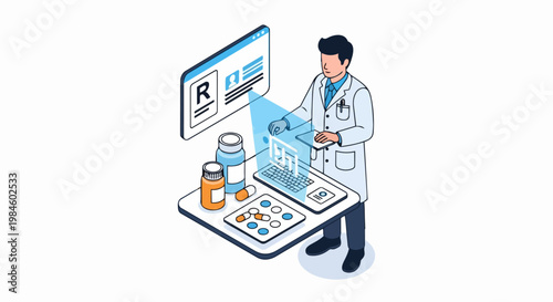 Isometric Pharmacist Using Digital Prescription System and Online Medicine Platform; 3D Illustration for Modern Healthcare, Telemedicine, and Pharmaceutical Technology.