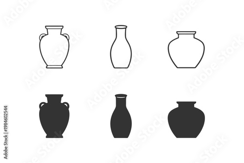 Outline and solid vase designs on a white background.