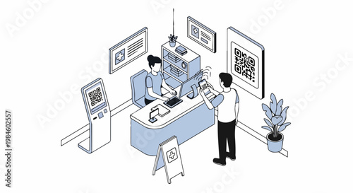 Isometric Vector Illustration of Digital Check-in at a Modern Clinic Reception with QR Code Scanning and Contactless Registration