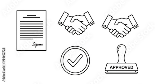 Business agreement icons handshake document approved stamp checkmark.