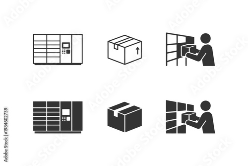 Parcel locker and delivery icon set with package handling.